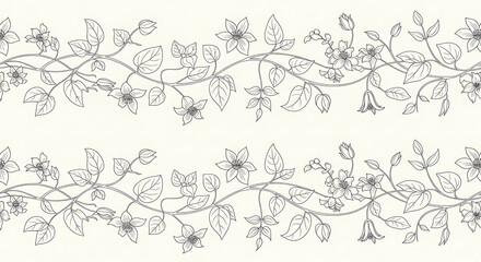 Two horizontal floral borders featuring delicate line art of stylized flowers, leaves, and vines on a light background.