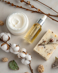 Minimalistic beauty set for natural skin care. Body cream, glass bottle with oil and handmade soap