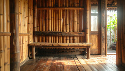 Interior view of a bamboo-lined room with a wooden bench and open door.