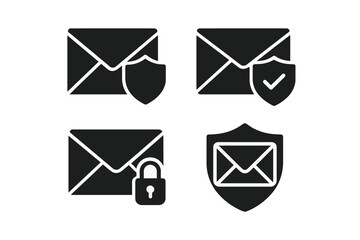 Security email silhouette icon set. featuring shield, locked, protected, encrypted, and verified mail symbols