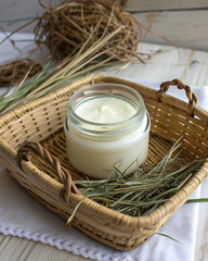 Glass jar with natural cream in a basket filled with fragrant dry grass. Rustic style conveys an atmosphere of comfort