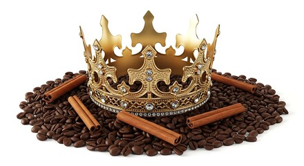 Golden crown resting on coffee beans with cinnamon sticks against a white studio background scene 100 char