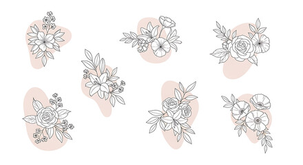 Elegant floral arrangements with delicate line art flowers and foliage, set against soft, abstract blush-colored shapes.
