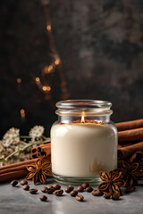 Glass jar with natural body cream with cinnamon, coffee beans and dried flowers. An atmosphere of warmth