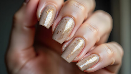 Woman's hand with elegant fall nails featuring gold shimmer and gloss  