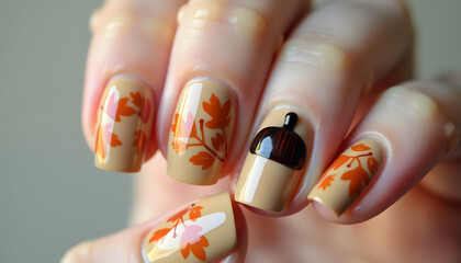 Fall-themed nail art design with orange leaves and acorn detail  
