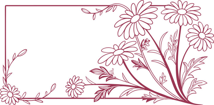 Floral border frame illustration with blooming daisy flowers and leaves. Elegant decorative outline design in red style for invitation, certificate, or artwork. Classic botanical template.