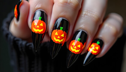 Halloween-themed nails with pumpkin designs on black background  