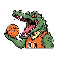 Cartoon Alligator Mascot Wearing Jersey Holding Basketball with Open Mouth