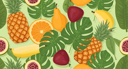A vibrant pattern of tropical fruits including pineapple, mango, banana, orange, pear, papaya, and leaves arranged on a light green background.