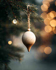 Wooden ornament dangling fir tip cozy holiday