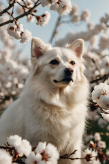 A fluffy white dog sits among branches with cotton and white flowers