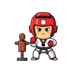 Fototapeta premium Cartoon Taekwondo Student with Red Headgear and Wooden Training Dummy