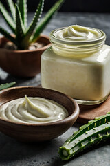 Natural skin care cream next to an aloe vera leaf on a stone surface. Reveals the secret to powerful hydration