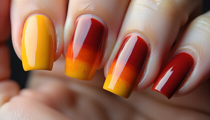 Colorful gradient fall nails in red, orange, and yellow hues  