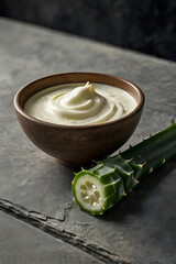 Natural skin care cream next to an aloe vera leaf on a stone surface. Reveals the secret to powerful hydration