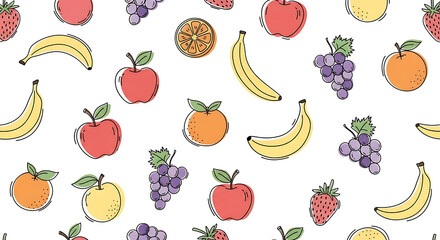 Seamless pattern featuring hand-drawn style illustrations of various fruits including bananas, apples, oranges, grapes, and strawberries on a white background.