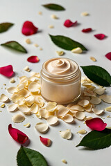 Elegant jar of face or body cream isolated on a pure white background. Delicate rose petals
