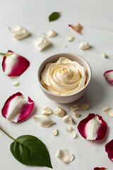 Elegant jar of face or body cream isolated on a pure white background. Delicate rose petals