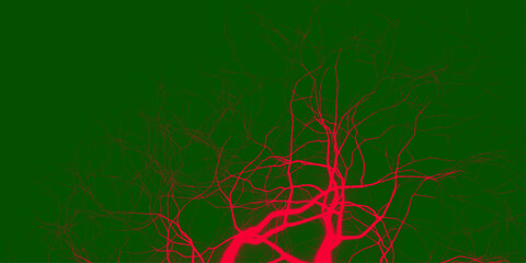 Abstract background, silhouette of colorful tree branches. Dramatic red and green lightning strikes illuminate the sky during a fierce storm at dusk. Dark green neon marble banner abstract stone bg