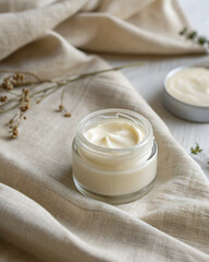 Natural cream in a simple glass jar. Linen fabric in the background, symbolizing natural origin