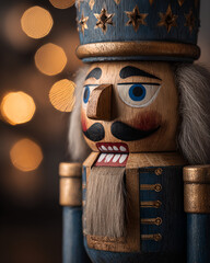 Wooden nutcracker soldier closeup rustic Christmas decoration