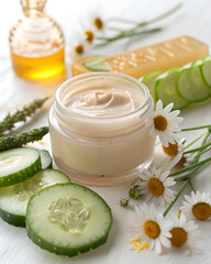 Natural body cream, the ingredients of which it is made: fresh cucumber, aloe vera slices, natural honey