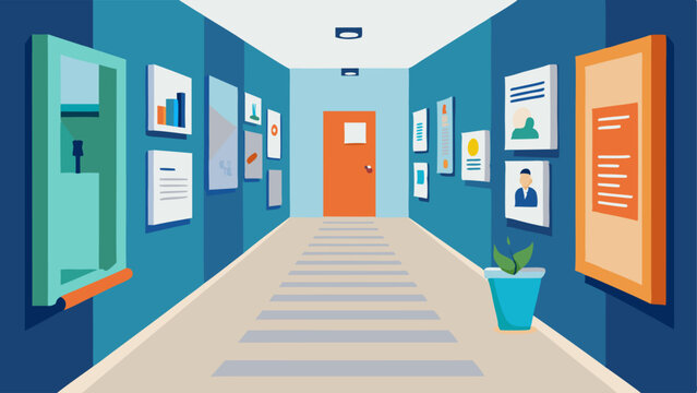 A hallway lined with informational posters and flyers regarding job search strategies and tips.