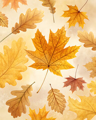 Delicate watercolor background, maple and oak leaves in warm golden tones. Soft paint transitions, translucency