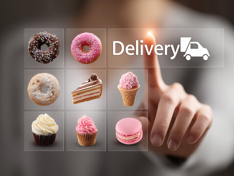 Modern digital interface for food delivery with food delivery car icon , finger pressing virtual menu icons of bakery items such as cake, donut, cupcake, and macarons, bakery apps and delivery service