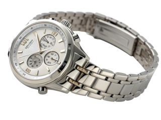 Elegant silver wristwatch with intricate details, perfect for luxury branding, showcasing style, or adding a touch of sophistication to any design project.Isolated on white background.