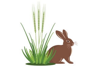 Wild rabbit hiding behind a bush isolated on white, vector illustration