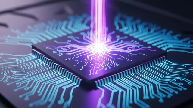 A closeup shot showcases a sophisticated computer chip with intricate blue circuits, symbolizing advanced technology and data processing capabilities