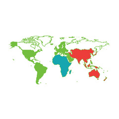 Fototapeta premium World Map with Continents Highlighted in Different Colors.