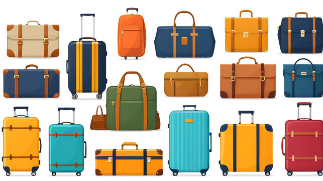 Various suitcase and bag designs in different colors and styles, displayed on a white background. Travel and luggage concept. Vector illustration