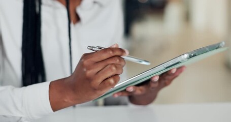 Business woman, hands and writing with tablet in office for schedule reminder, UI design or testing. Female person, stylus pen or research with technology for UX project, tasks or agenda at workplace - Powered by Adobe