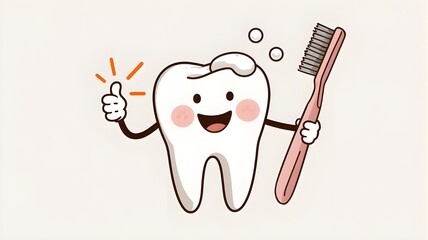 Smiling cartoon tooth holding toothbrush and giving thumbs up