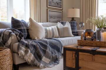Living room with plaid throw blankets, masculine