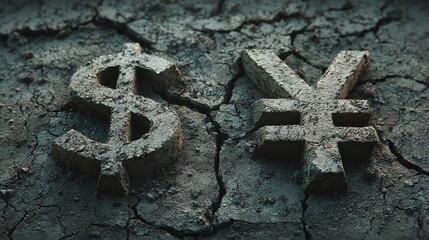 Dollar and Yen symbols molded from cracked earth, representing economic instability, financial risk, and the fragility of global currency values.