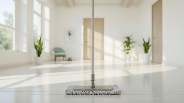 A modern mop with a white nozzle lies on a spotlessly clean wooden floor. The interior is filled with soft daylight from a large window. The decor emphasizes coziness, order and style.