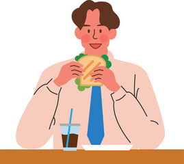 Man enjoying a sandwich and coffee during a break time