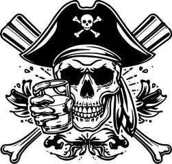 Fototapeta premium Outline of a skull with a glass of whiskey and crossed oars. The marine theme and humor create the atmosphere of a drunken sailor. Great for prints and logos.
