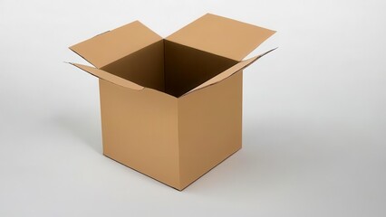 A cardboard box with the lid slightly open symbolizes shipping and storage. The clean white background emphasizes the shape and texture. Useful for logistics themes.