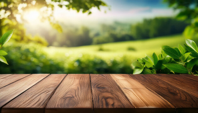 Rustic Wood Tabletop With Serene Green Nature Background