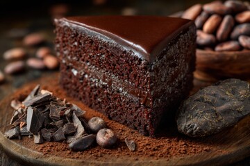 Close-up of chocolate cake slice with rich ganache