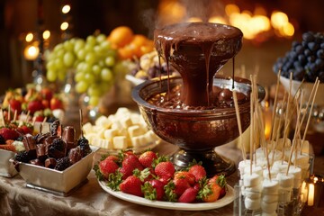 Chocolate fountain flowing with cascading chocolate