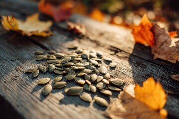 Close-up of pumpkin seeds scattered on wooden table
