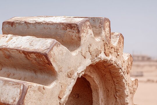 Closeup of ancient water wheel detail in arid desert landscape with historical site.