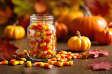 Glass jar brimming with colorful candy corn