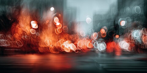 Abstract urban background featuring intense red, orange, and white light trails and bokeh effects from street traffic and city movement.